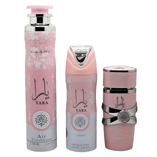 Set Lattafa Yara, Parfum 100ml + Spray 200 ml + Air Freshener300 ml