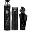 Set cadou Lattafa Maahir Black 100 ml EDP Spray + 200 ml Spray + 300 ml Air Freshener b