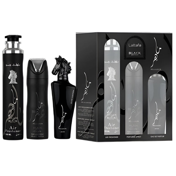 Set cadou Lattafa Maahir Black 100 ml EDP Spray + 200 ml Spray + 300 ml Air Freshener c