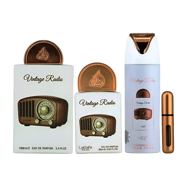 Set cadou Lattafa Vintage Radio – Parfum 100 ml + 20 ml + Deodorant 200 ml b