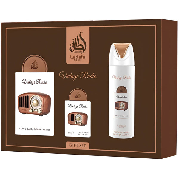 Set cadou Lattafa Vintage Radio – Parfum 100 ml + 20 ml + Deodorant 200 ml c