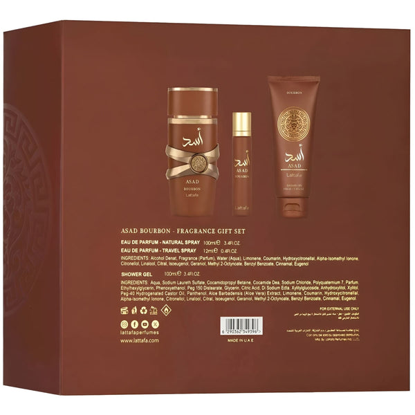 Set cadou Lattafa Asad Bourbon 3 PCS 100 ml + 12 ml + Gel de Dus