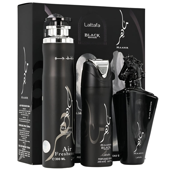 Set cadou Lattafa Maahir Black 100 ml EDP Spray + 200 ml Spray + 300 ml Air Freshener