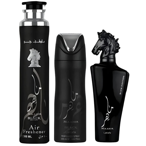 Set cadou Lattafa Maahir Black 100 ml EDP Spray + 200 ml Spray + 300 ml Air Freshener b