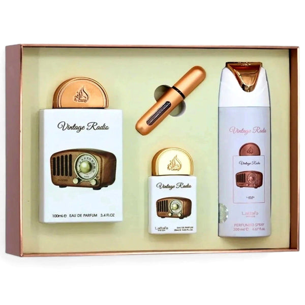 Set cadou Lattafa Vintage Radio – Parfum 100 ml + 20 ml + Deodorant 200 ml