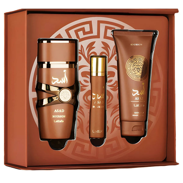 Set cadou Lattafa Asad Bourbon 3 PCS 100 ml + 12 ml + Gel de Dus